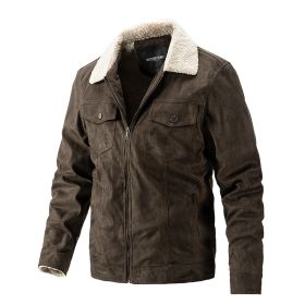 Autumn Winter New Men's Chamois Suede Fleece Thick Jacket Vintage Outdoor Casual Plush Warm Coat Lapel Fashion Trend Retro Brown (Color: Dark brown, size: S)