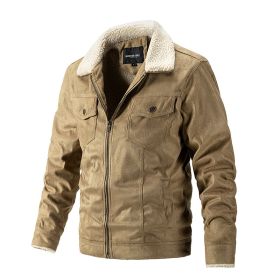Autumn Winter New Men's Chamois Suede Fleece Thick Jacket Vintage Outdoor Casual Plush Warm Coat Lapel Fashion Trend Retro Brown (Color: Khaki, size: XL)